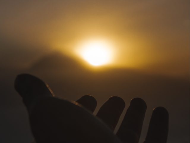 Mano y el sol en el amanecer